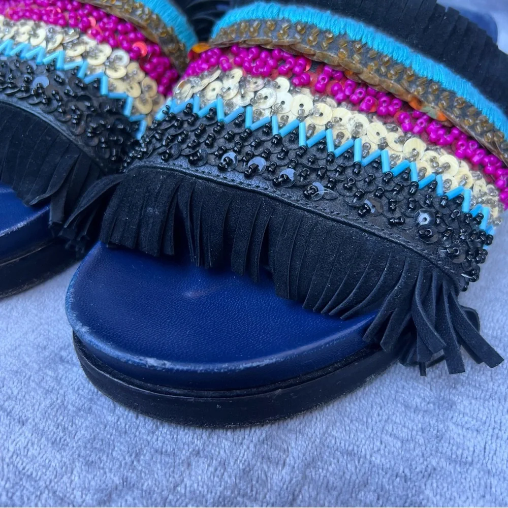 Tory Burch Isle Slides Women 8.5 Slip On Shoes Beaded Fringe Sequin Sandals